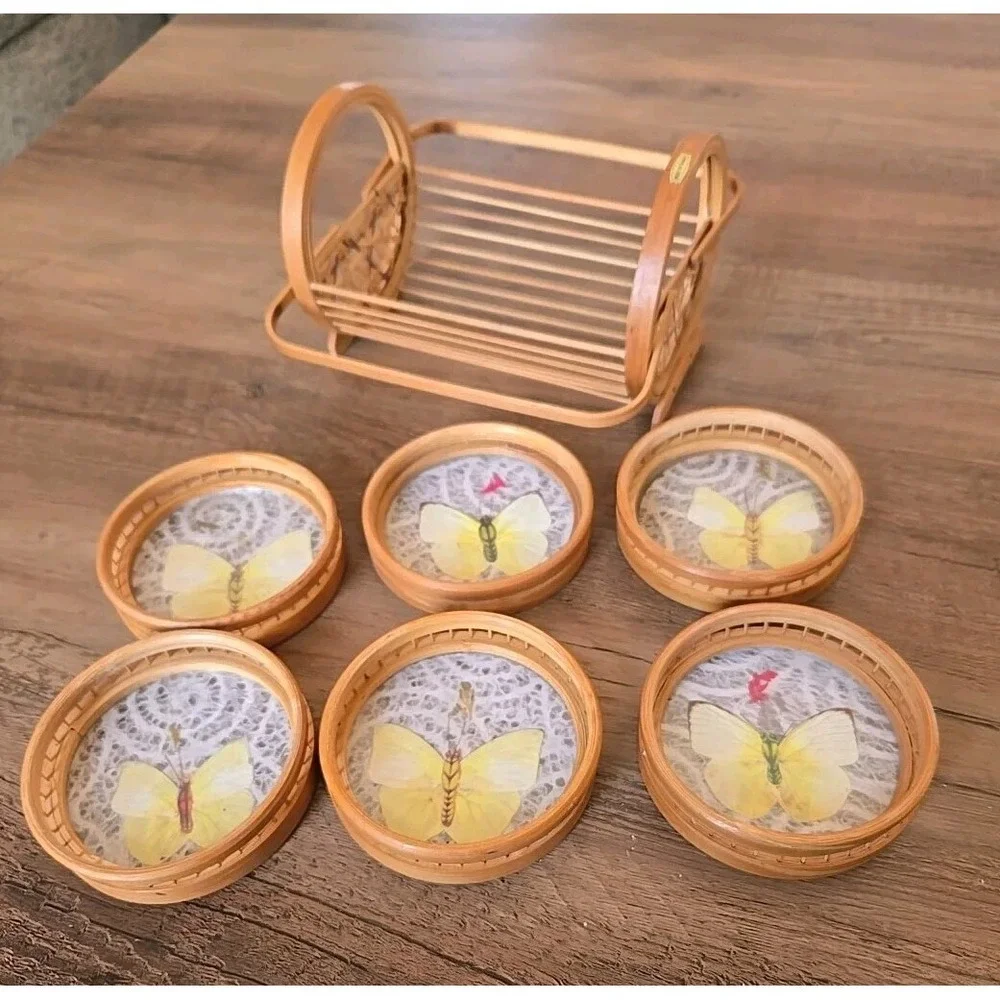 VTG Set Of 6 Bamboo Butterfly Floral Cased Coasters In Caddy Taiwan Matching